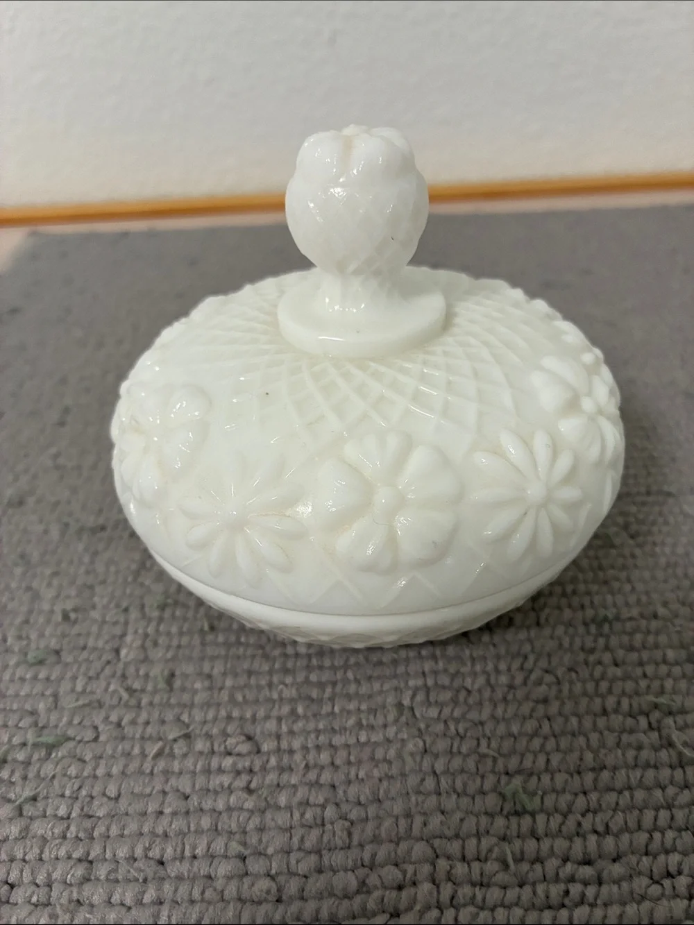Vintage Milk Glass Floral Covered Trinket Dish - White